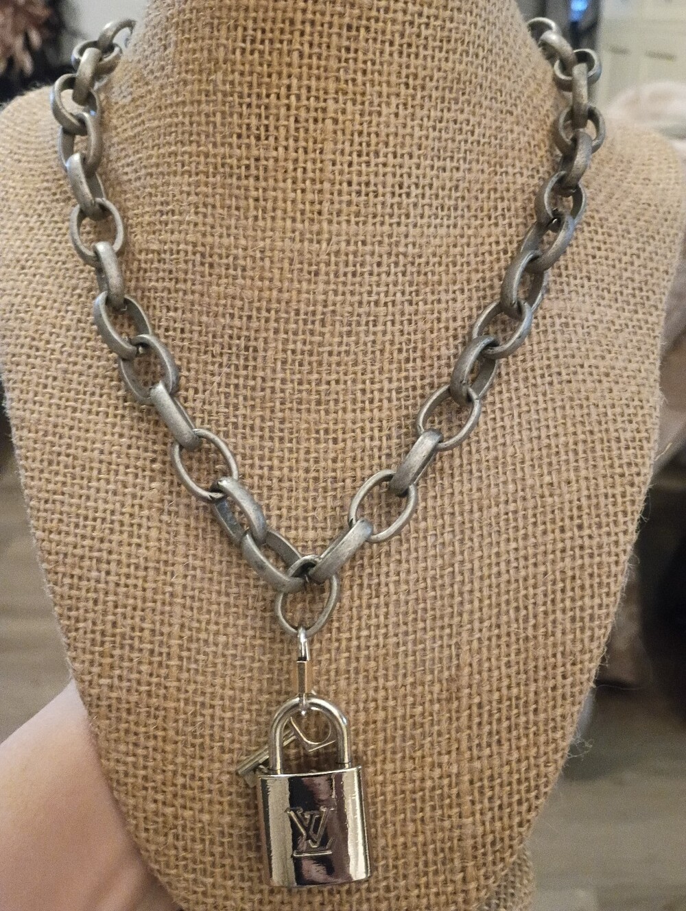 Silver Tone Monogram Necklace With Lock & Key